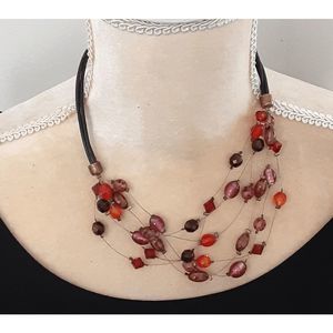 Chico’s Red Beaded Necklace Black Cord 16" Multi Strand Floating Glass Beads